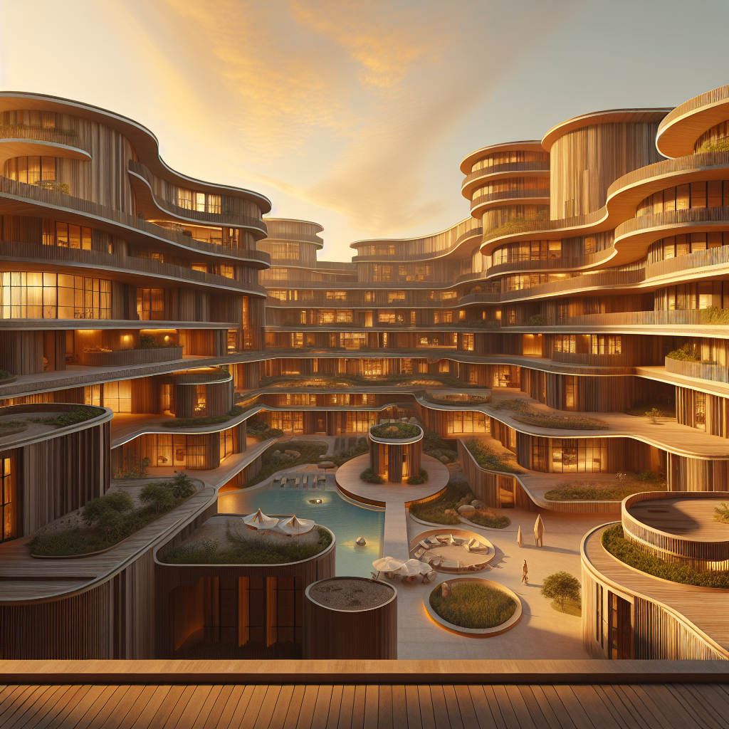 Modern architectural building with curved wooden facade
